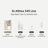 Dr. Althea 345 Relief Cream Toner Mist bottle, hydrating skincare toner with soothing ingredients in a clear spray bottle.