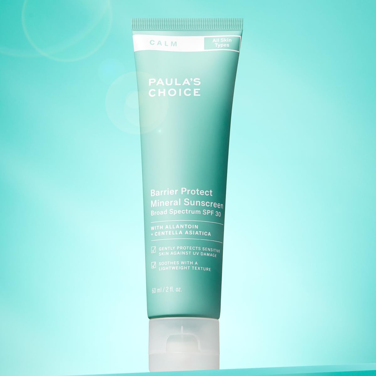 SKINZA Paula's Choice CALM Barrier Protect Mineral Sunscreen SPF 30 tube with white cap and SPF label, suitable for sensitive skin.