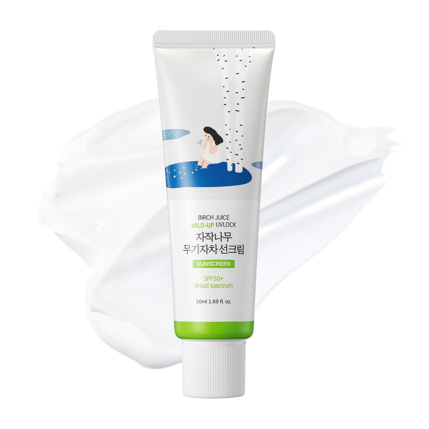 ROUND LAB Birch Juice Moisturizing UV LOCK SPF 50 sunscreen tube with white and blue packaging.