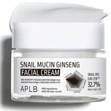 APLB Snail Mucin Ginseng Facial Cream jar with cream and ginseng root visible, skincare product for hydration and skin renewal.