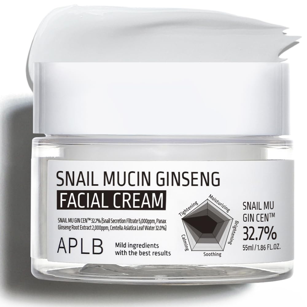 APLB Snail Mucin Ginseng Facial Cream jar with cream and ginseng root visible, skincare product for hydration and skin renewal.