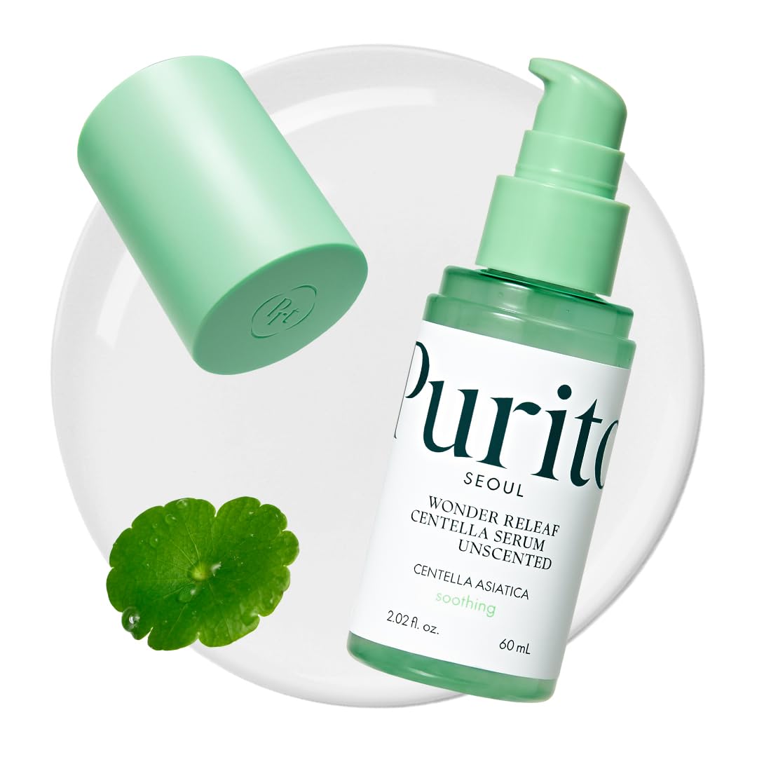 Purito Centella Unscented Serum in a clear glass bottle, showcasing the skincare serum with a pump dispenser on a white background.