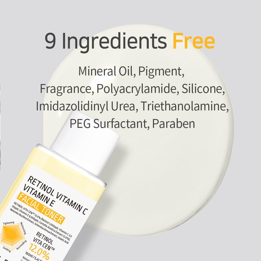 APLB Retinol, Vitamin C, and Vitamin E Facial Toner in a clear bottle with a spray nozzle, designed for skincare.