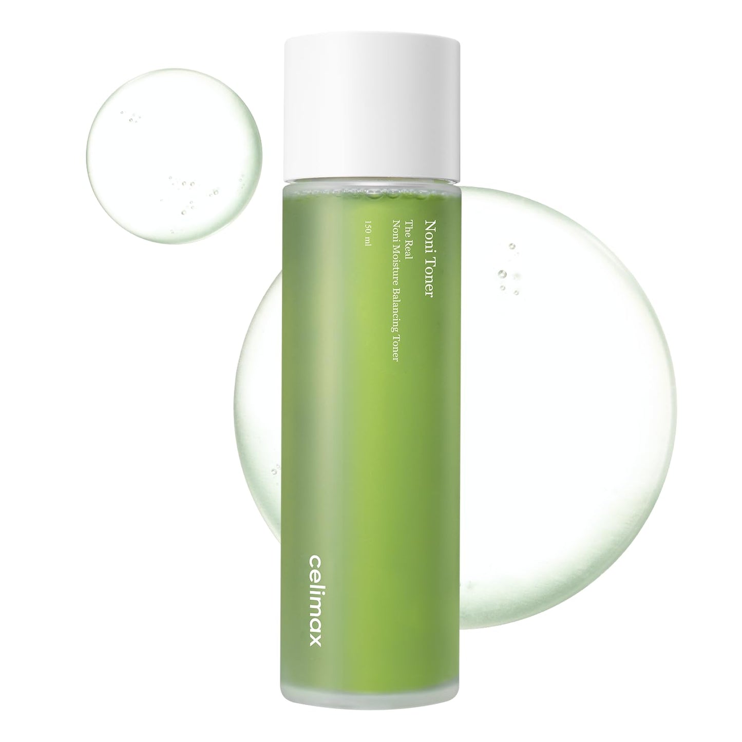 Celimax Noni Moisture Balancing Toner bottle with label, featuring a clear liquid and minimalist packaging design.
