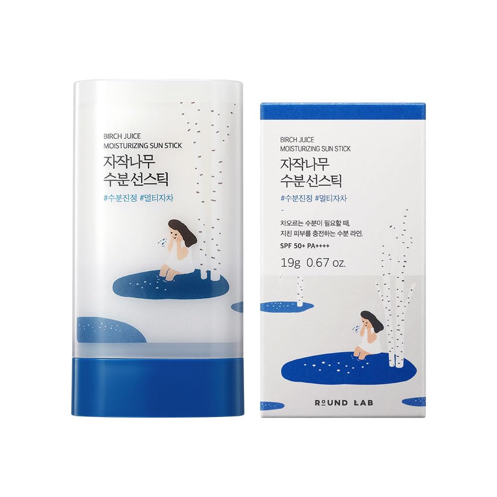 ROUND LAB Birch Juice Moisturizing Sun Stick with SPF50+ PA++++, 19g, showing the compact sunscreen stick with branding and product details.