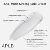 APLB Snail Mucin Ginseng Facial Cream jar with cream inside, showcasing smooth texture and natural ingredients for skincare.