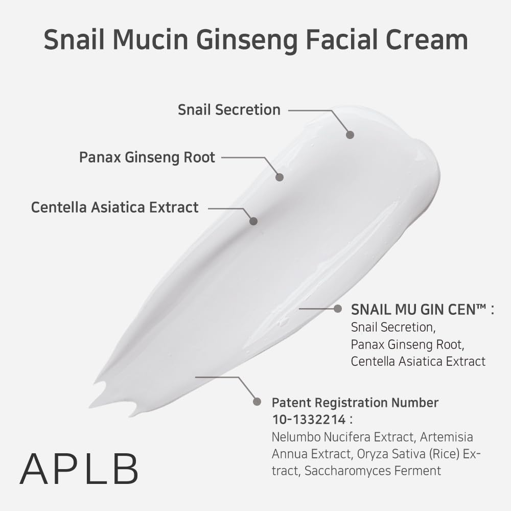APLB Snail Mucin Ginseng Facial Cream jar with cream inside, showcasing smooth texture and natural ingredients for skincare.