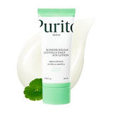 SKINZA PURITO Wonder Releaf Centella Daily Sun Lotion SPF50+ PA++++ sunscreen tube with white and green packaging and pump dispenser
