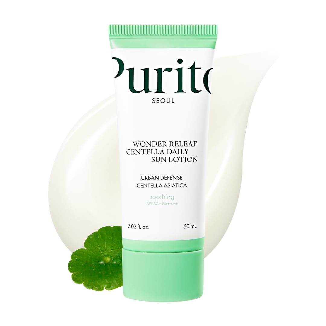 SKINZA PURITO Wonder Releaf Centella Daily Sun Lotion SPF50+ PA++++ sunscreen tube with white and green packaging and pump dispenser