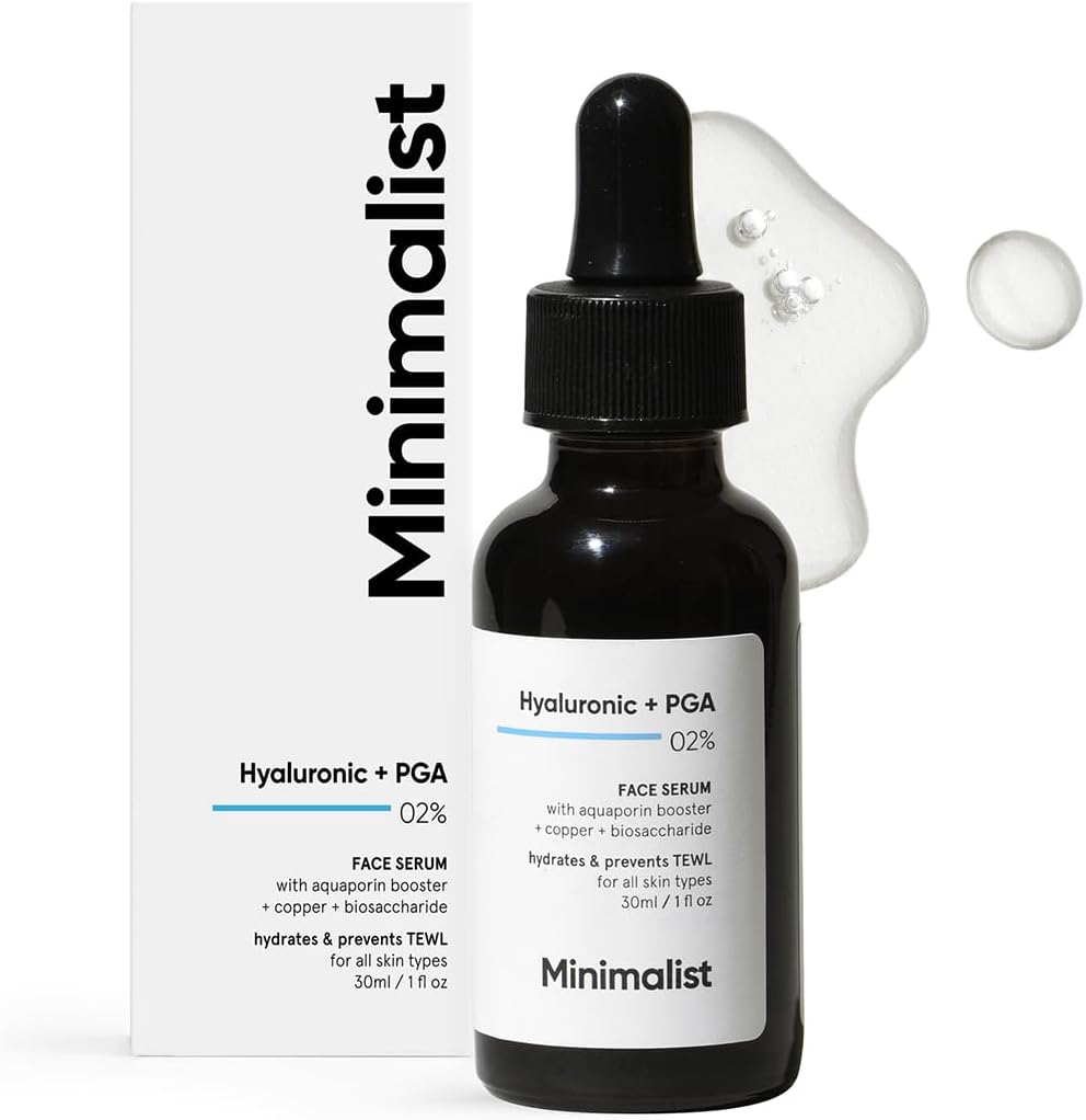 SKINZA Minimalist 2% Hyaluronic Acid Hydrating Serum in a clear bottle, showing a dropper applicator and label for intense skin hydration.
