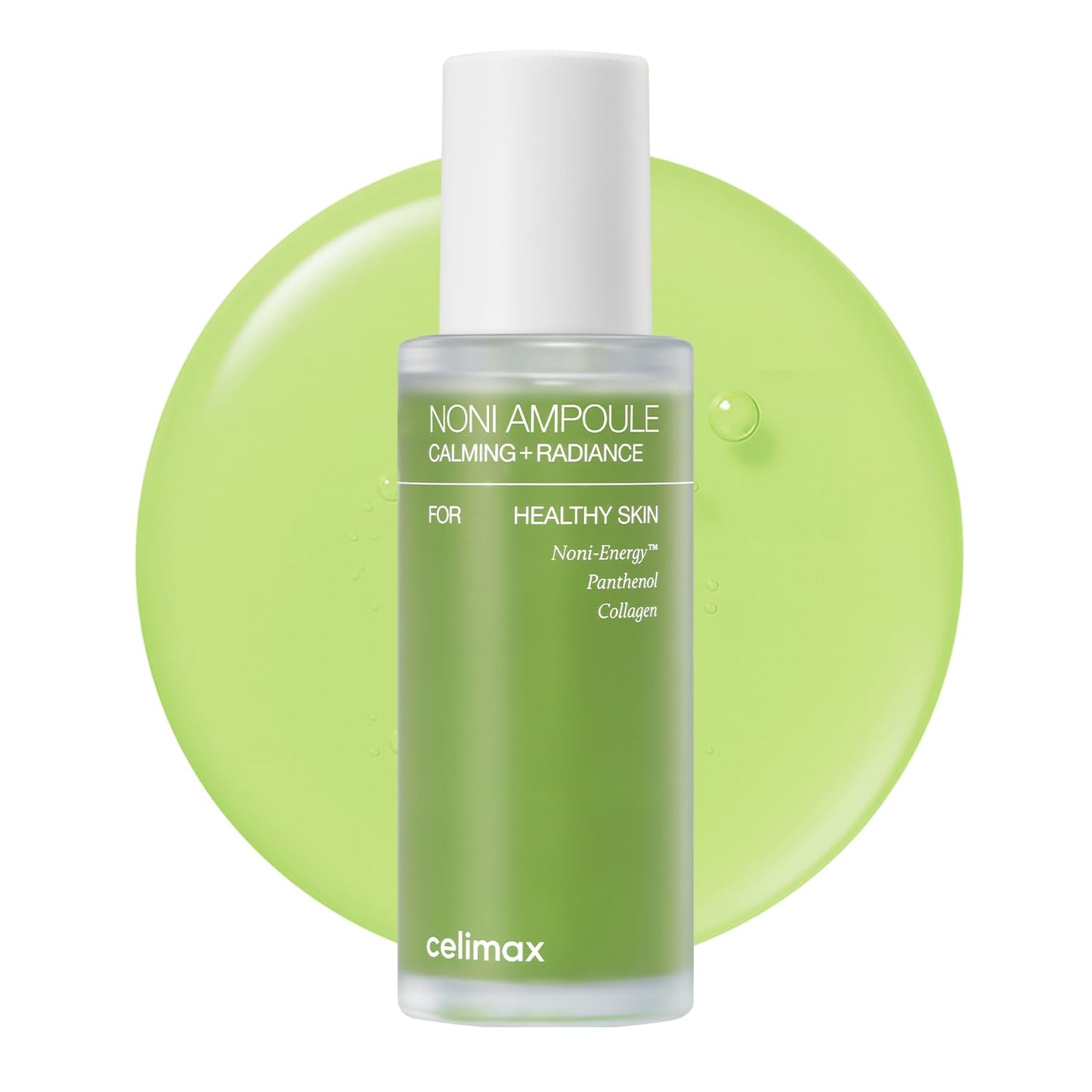 Celimax Noni Energy Ampoule with Noni extract in a glass bottle, showing the serum's clear, lightweight liquid formulation.