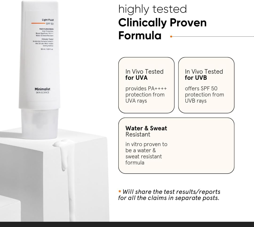 SKINZA minimalist SPF 50 light fluid sunscreen bottle with a sleek, modern design and clear labeling on a white background.