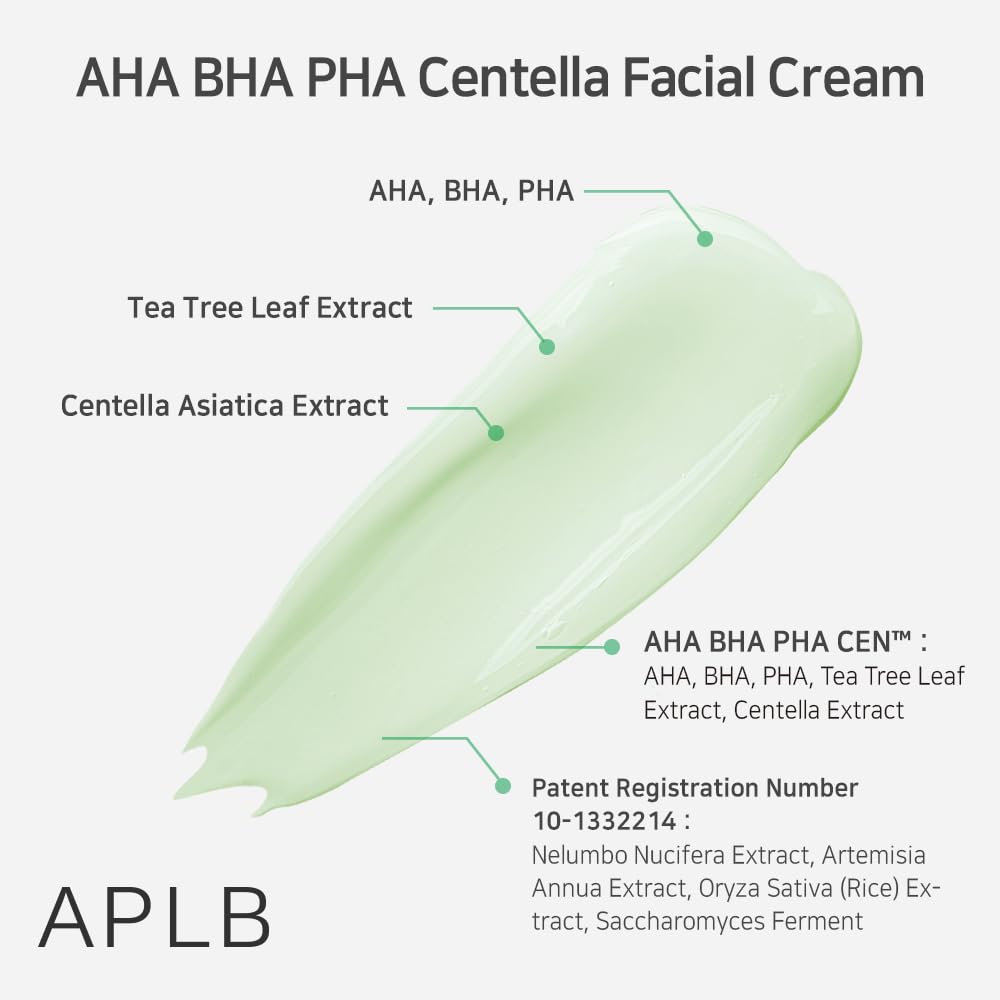 APLB AHA BHA PHA Centella Facial Cream jar with white and green packaging, featuring a smooth cream texture and natural ingredients.