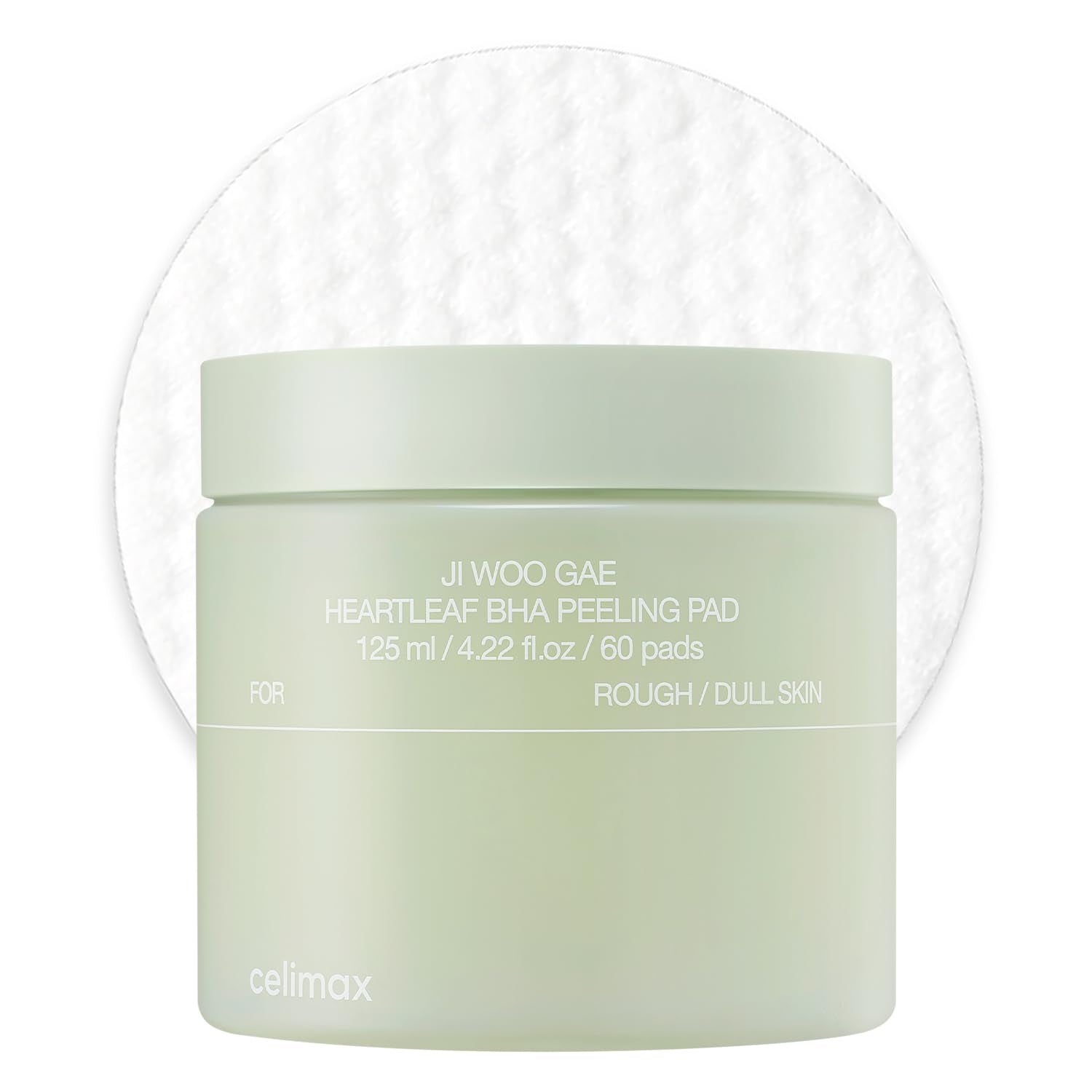 Celimax Ji.Woo.Gae Heartleaf BHA Peeling Pad featuring textured face pads with natural heartleaf extract for gentle exfoliation.