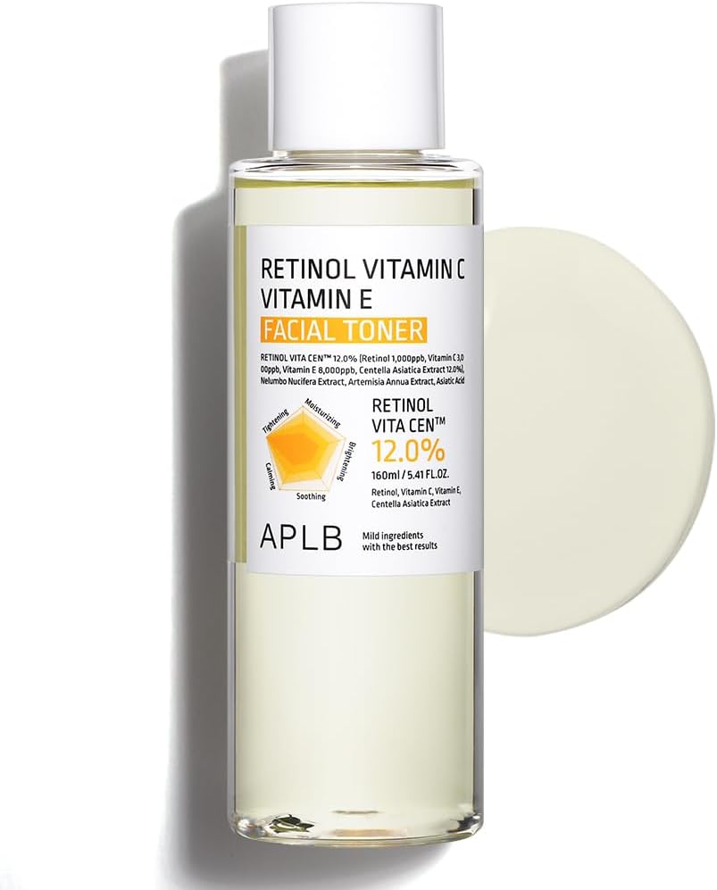 APLB Retinol, Vitamin C, and Vitamin E facial toner in a clear bottle with a white pump dispenser, designed for skincare.