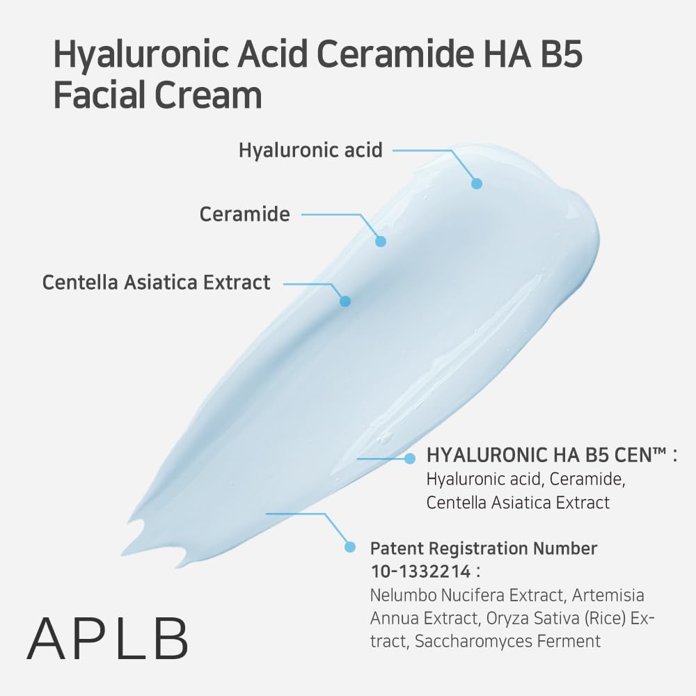 APLB Hyaluronic Acid Ceramide HA B5 facial cream jar with white lid and soft white cream inside.