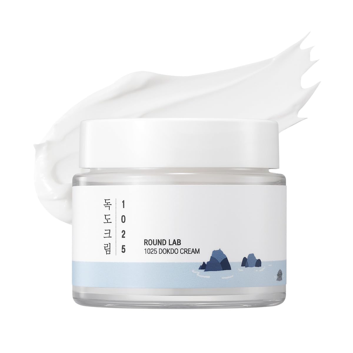 Round Lab 1025 Dokdo Cream jar, 2.71 fl oz, showing the white cream inside a clear glass container with a white lid.