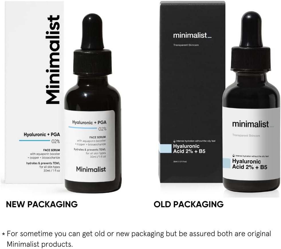 SKINZA Minimalist 2% Hyaluronic Acid Hydrating Serum bottle, clear packaging, and serum dropper for intense skin hydration.