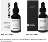 SKINZA Minimalist 2% Hyaluronic Acid Hydrating Serum bottle, clear packaging, and serum dropper for intense skin hydration.