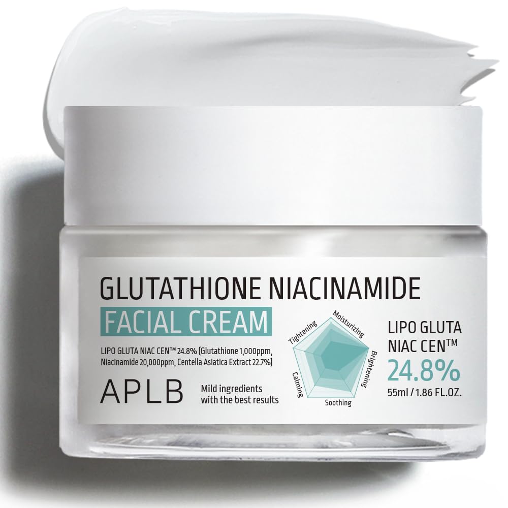 APLB Glutathione Niacinamide Facial Cream jar with white lid and cream inside, skincare product for brightening and skin health