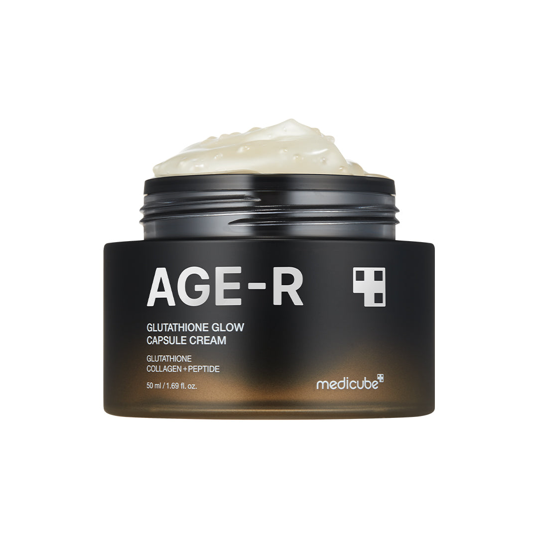 AGE-R Glutathione Glow Capsule Cream jar with gold and white packaging, showcasing the skincare product for brightening and anti-aging.