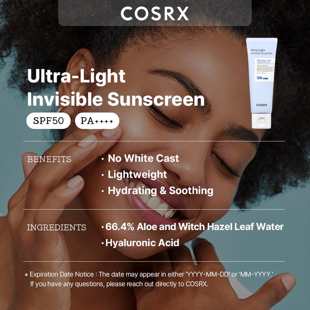 COSRX Ultra-Light Invisible Sunscreen SPF 50 face moisturizer in a tube, with a smooth, lightweight texture and broad-spectrum sun protection.