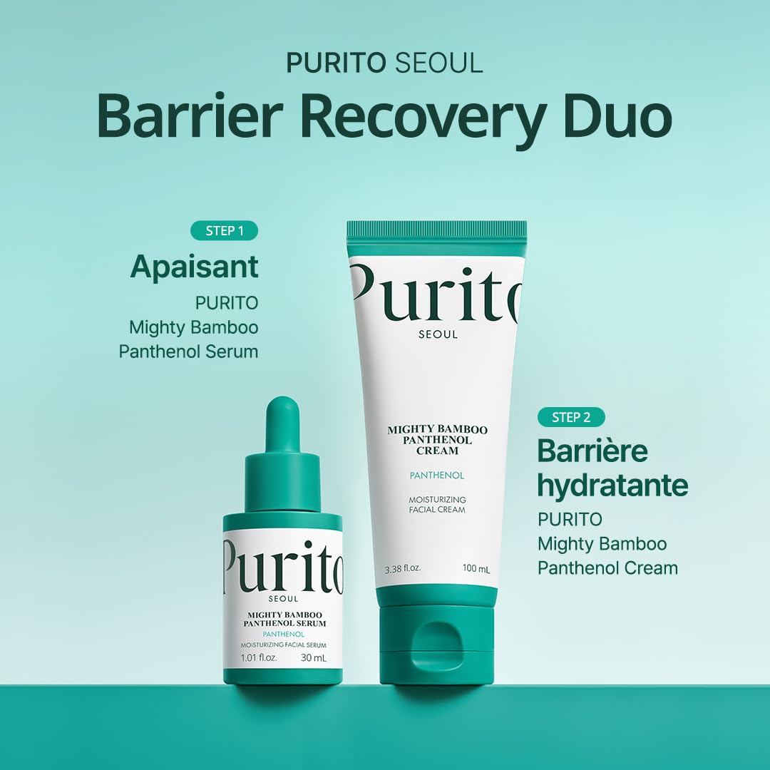 Purito Mighty Bamboo Panthenol Cream sunscreen tube with bamboo design, featuring the Purito SEOUL branding on the packaging.