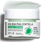 APLB AHA BHA PHA Centella Facial Cream jar with white lid and label, showcasing skincare product for gentle exfoliation and soothing.