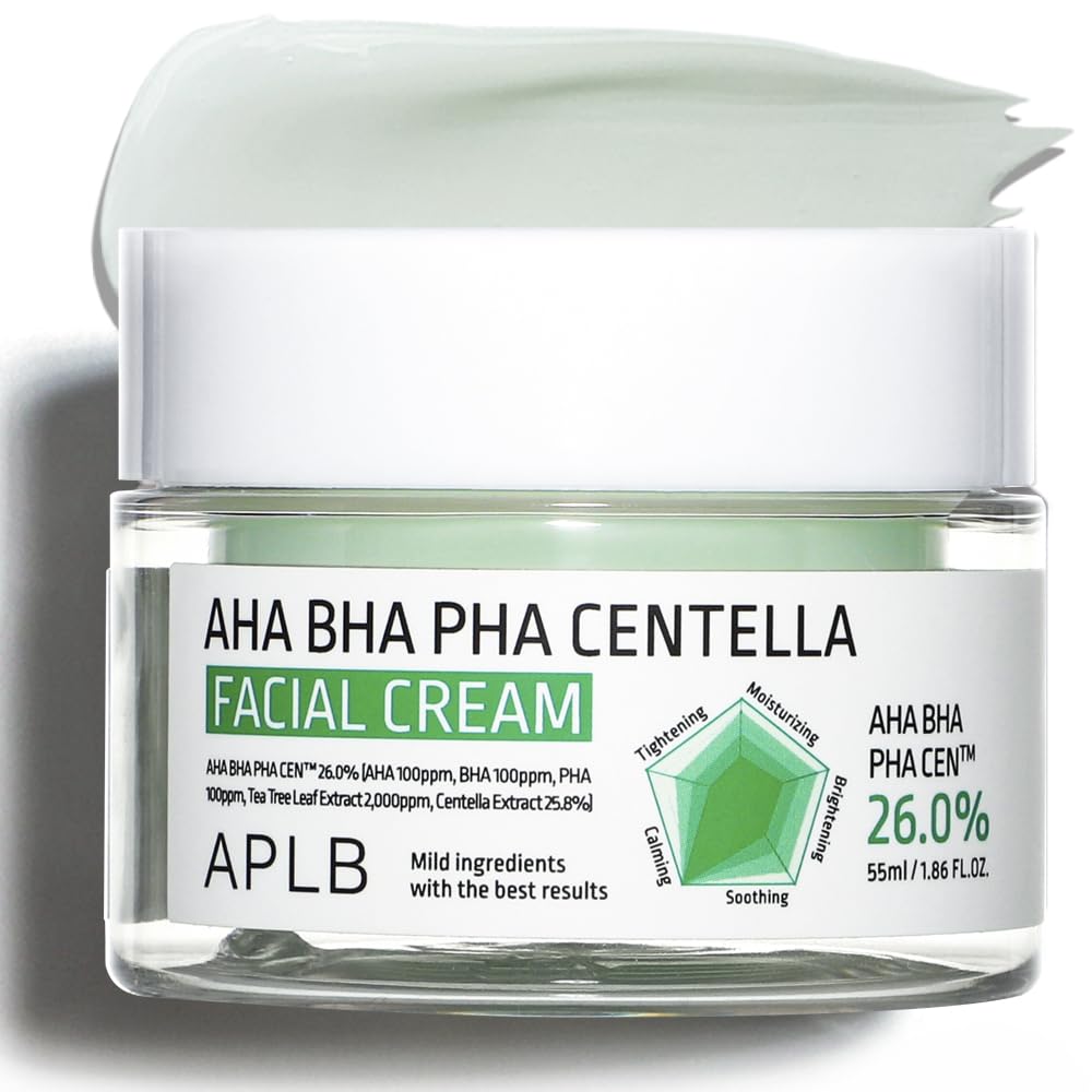 APLB AHA BHA PHA Centella Facial Cream jar with white lid and label, showcasing skincare product for gentle exfoliation and soothing.