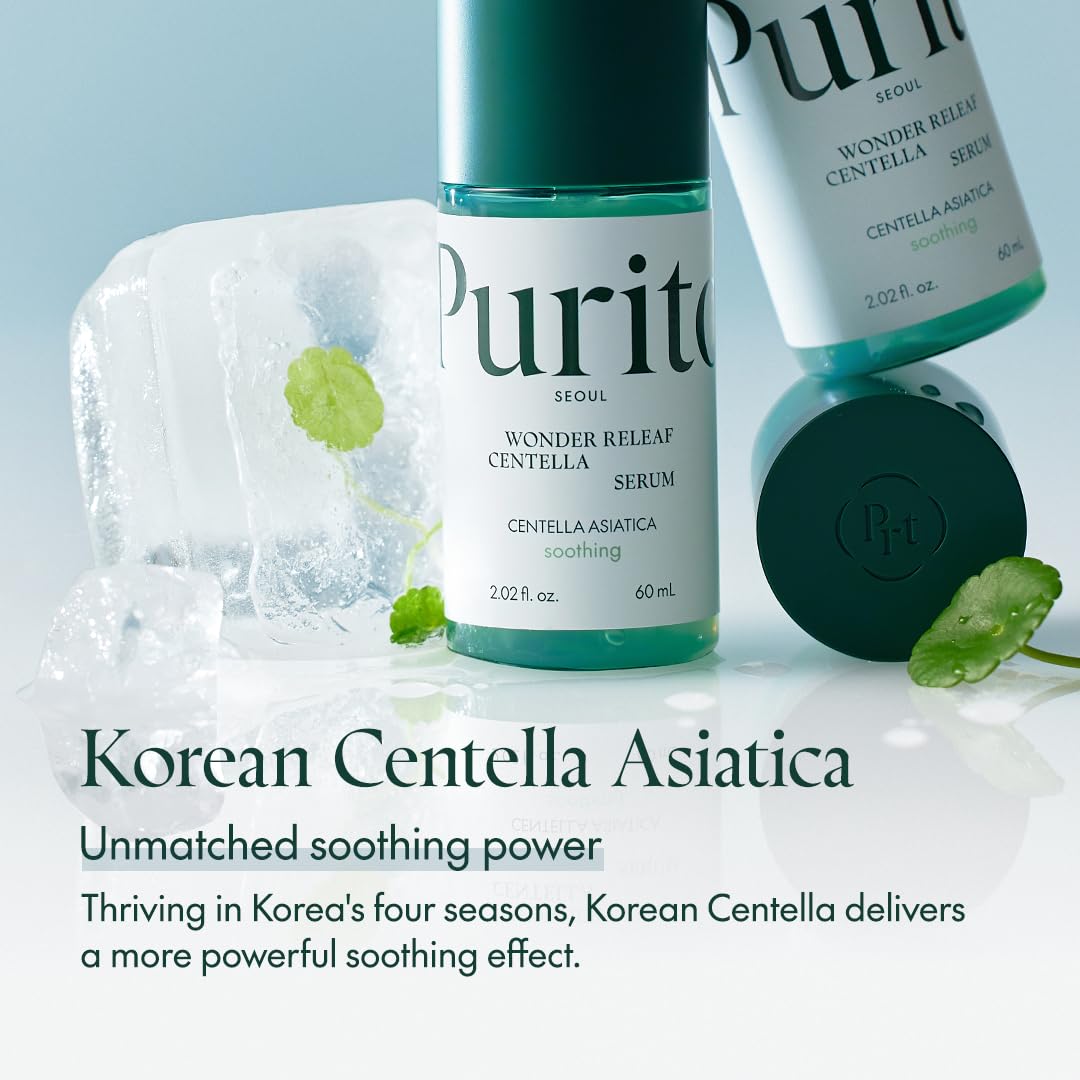 Purito Centella Unscented Serum in a clear glass bottle with dropper, emphasizing natural skincare and soothing ingredients.