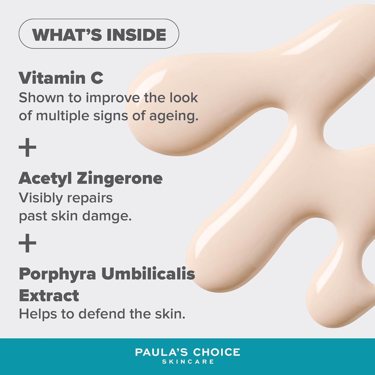 SKINZA Paula's Choice 5% Vitamin C Lotion SPF 50 bottle with pump dispenser and bright orange packaging, front view.