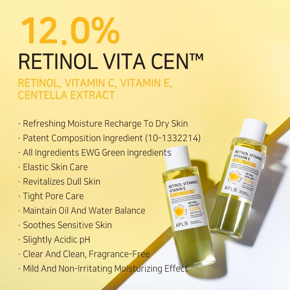APLB Retinol, Vitamin C, and Vitamin E facial toner in a clear bottle with a white cap, showing the product label.