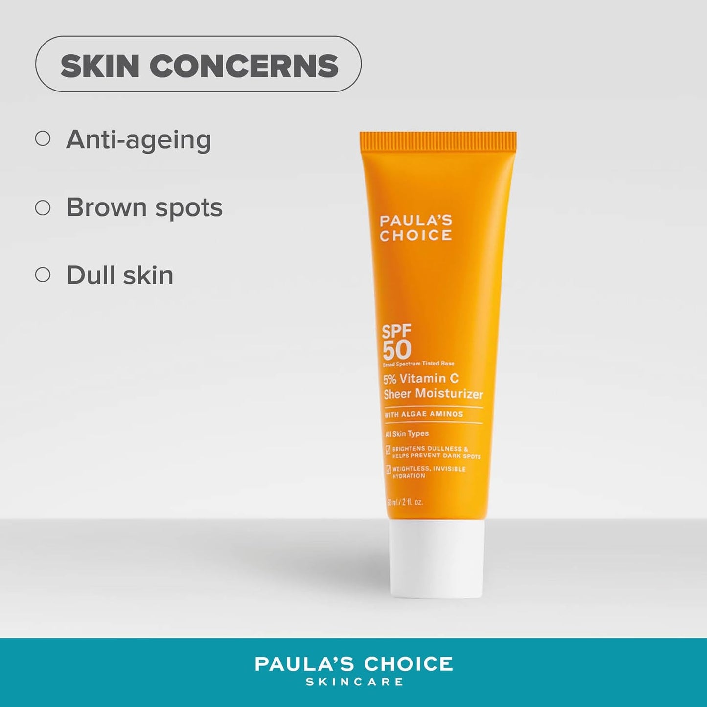 SKINZA Paula's Choice 5% Vitamin C Lotion with SPF 50, brightening skincare product in a white bottle with pump dispenser