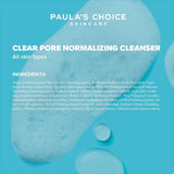 SKINZA Paula's Choice CLEAR Pore Normalizing Cleanser in a white pump bottle, featuring clear liquid and clean label.