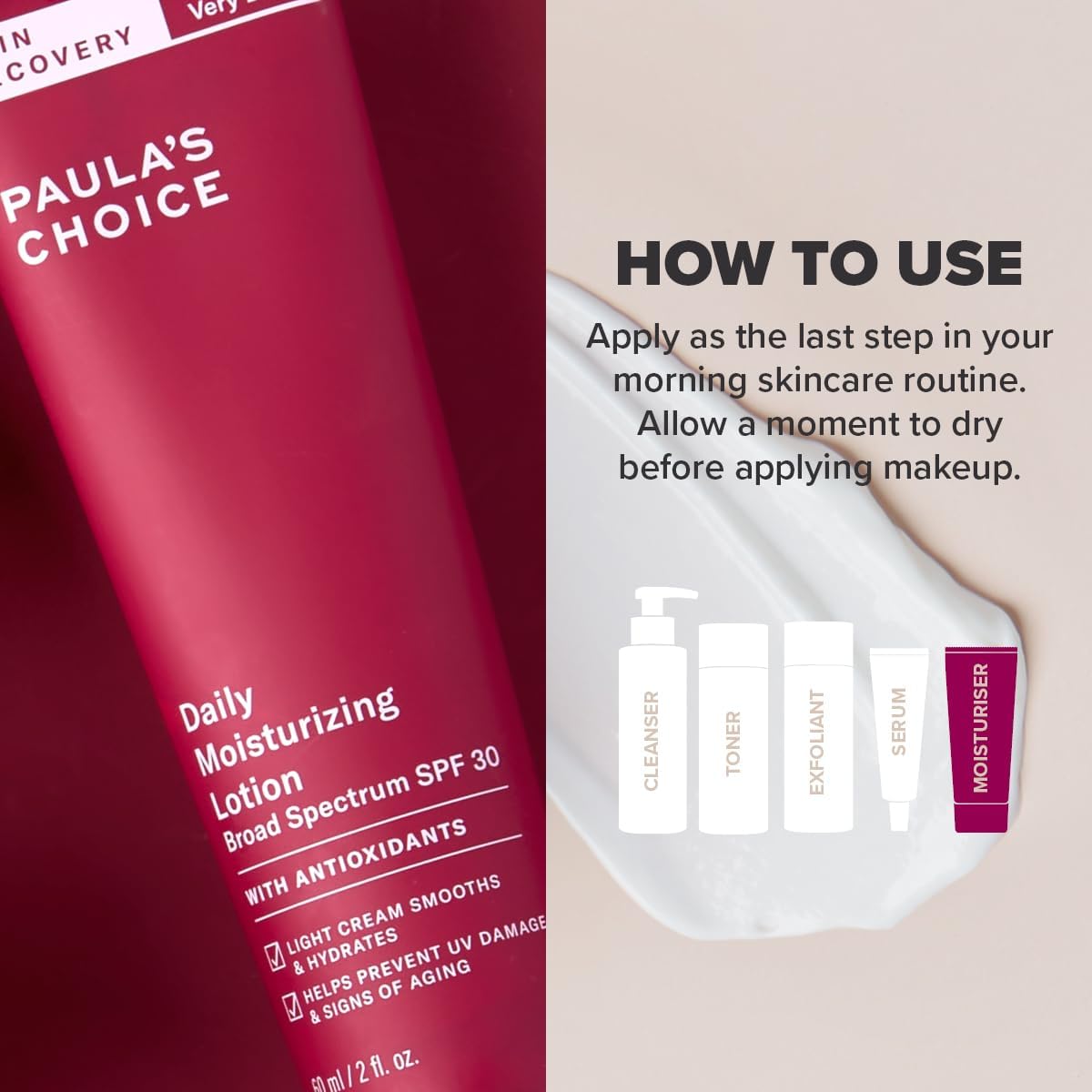 SKINZA Paula's Choice SKIN RECOVERY Moisturizer SPF 30 hydrating anti-aging sunscreen in a white tube with a pump dispenser