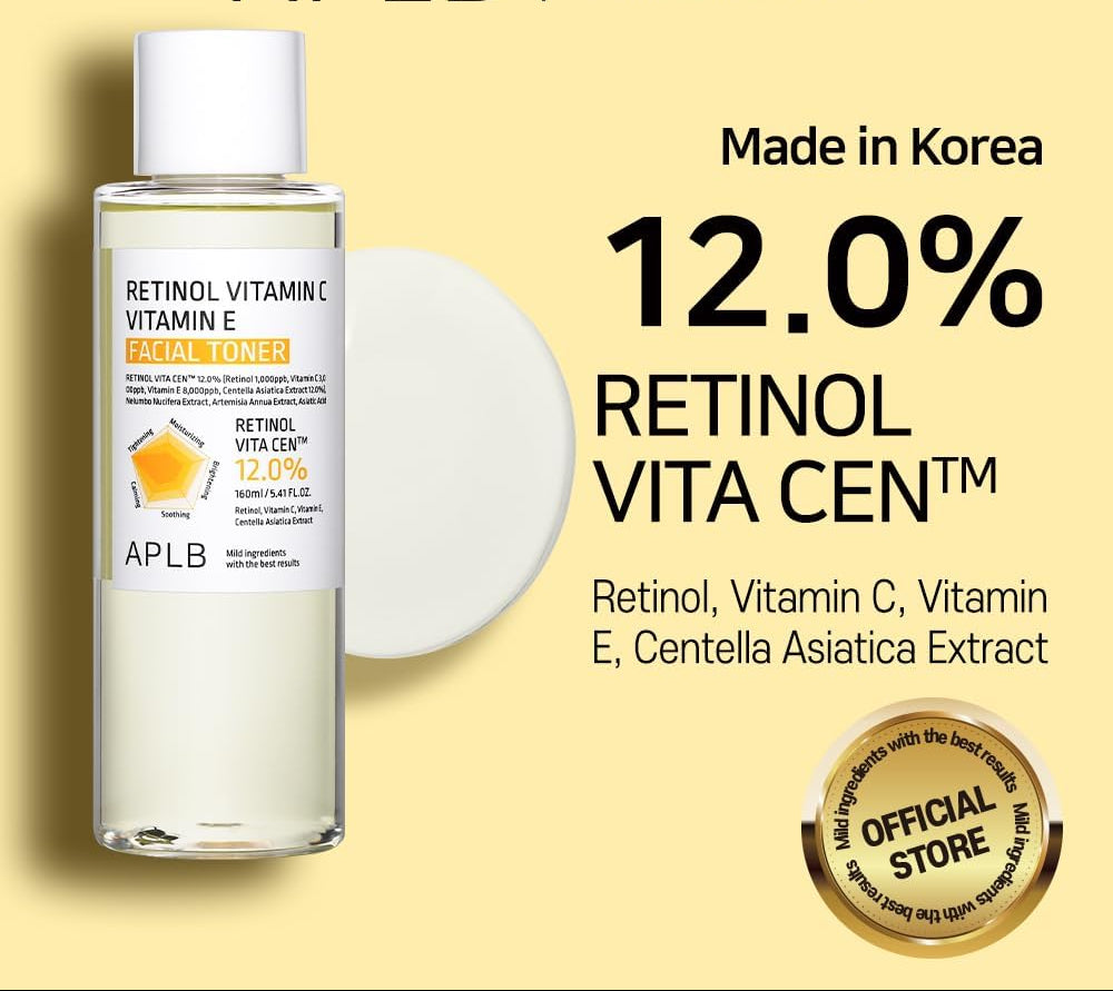 APLB Retinol, Vitamin C, and Vitamin E facial toner in a clear bottle with a white cap, showing the product label and liquid inside.