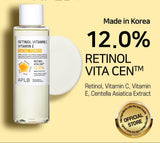 APLB Retinol, Vitamin C, and Vitamin E facial toner in a clear bottle with a white cap, showing the product label and liquid inside.