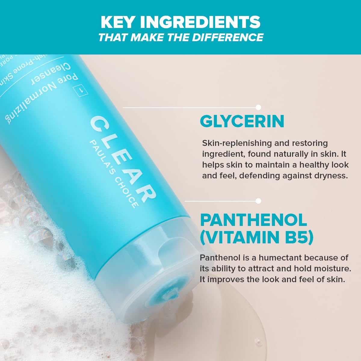SKINZA Paula's Choice CLEAR Pore Normalizing Cleanser in a pump bottle, suitable for oily and acne-prone skin, with clear liquid inside.