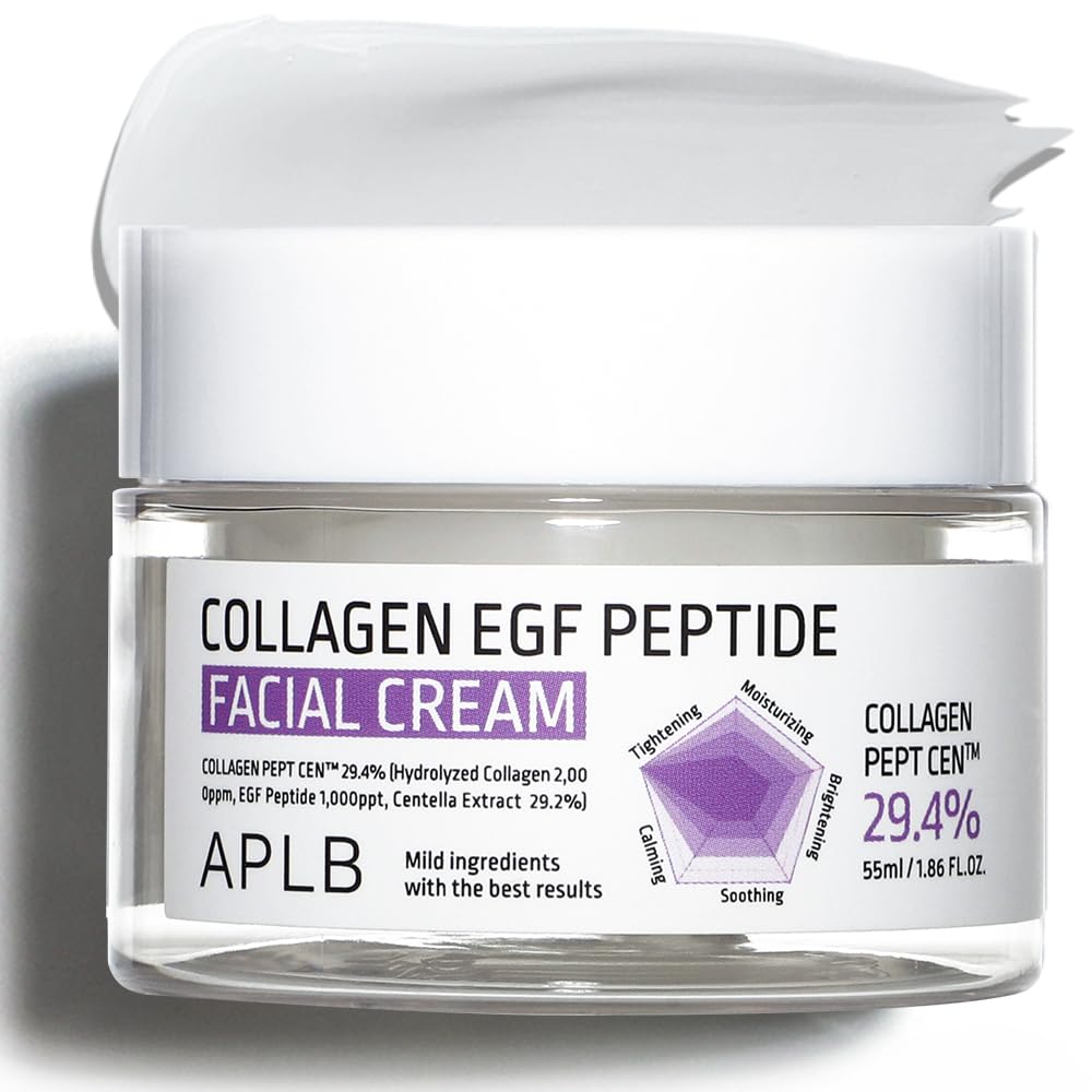 APLB Collagen EGF Peptide Facial Cream jar with white and silver packaging, smooth cream visible inside.