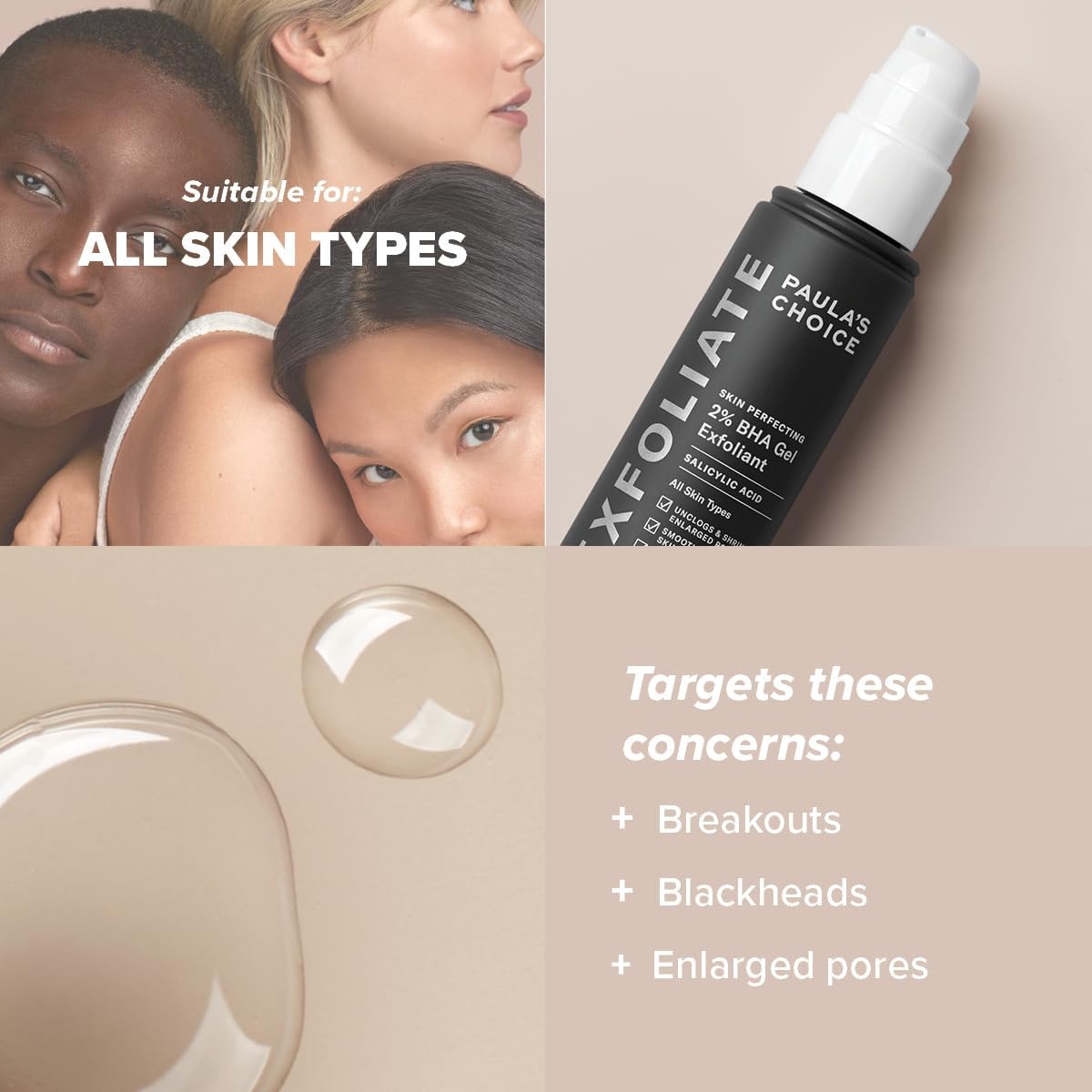 SKINZA Paula's Choice SKIN PERFECTING 2% BHA Gel Exfoliant in a clear bottle with pump, featuring white and blue labeling.