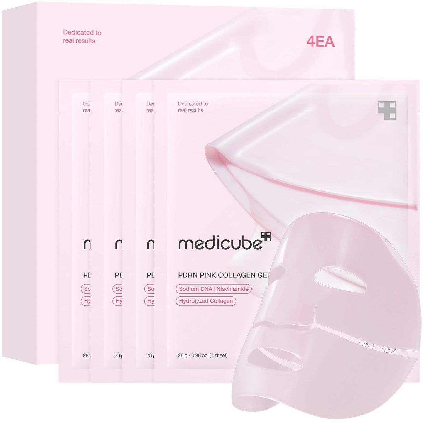 Medicube PDRN Pink Collagen Gel Mask set of four, close-up of pink collagen face masks with smooth, hydrating texture.