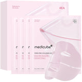 Medicube PDRN Pink Collagen Gel Mask set of four, close-up of pink collagen face masks with smooth, hydrating texture.