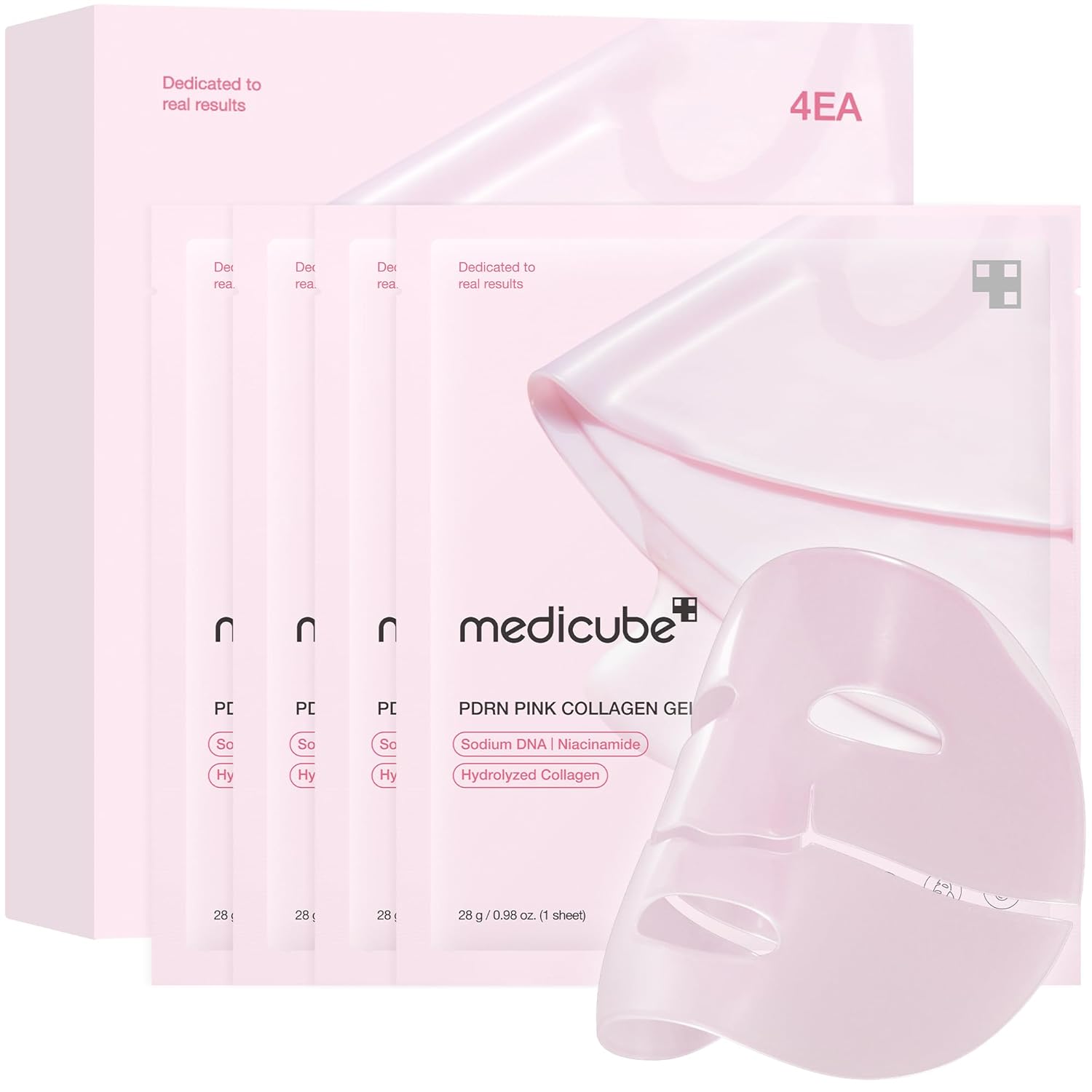 Medicube PDRN Pink Collagen Gel Mask set of four, close-up of pink collagen face masks with smooth, hydrating texture.