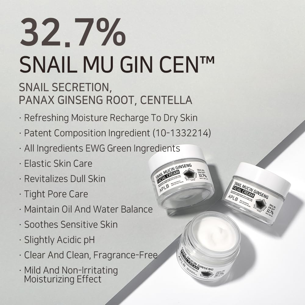 APLB Snail Mucin Ginseng Facial Cream jar with white lid and label, showcasing the skincare product for nourishing skin.