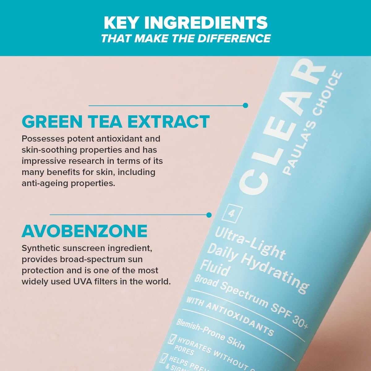 SKINZA Paula's Choice CLEAR Light Hydrating Fluid SPF 30 oil-free moisturizer in a white bottle with pump dispenser