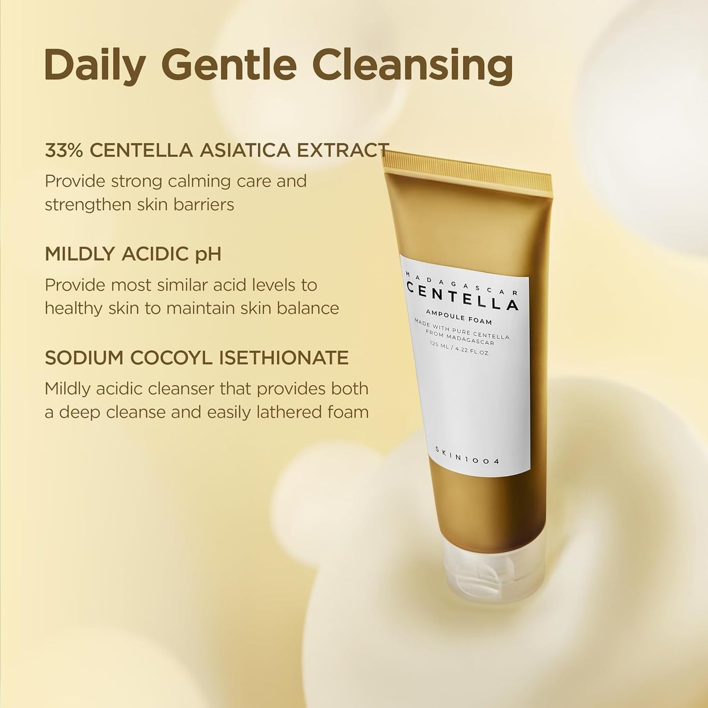 Skin1004 Madagascar Centella Ampoule Foam in 125ml bottle, gentle skincare cleanser with centella extract for soothing skin.