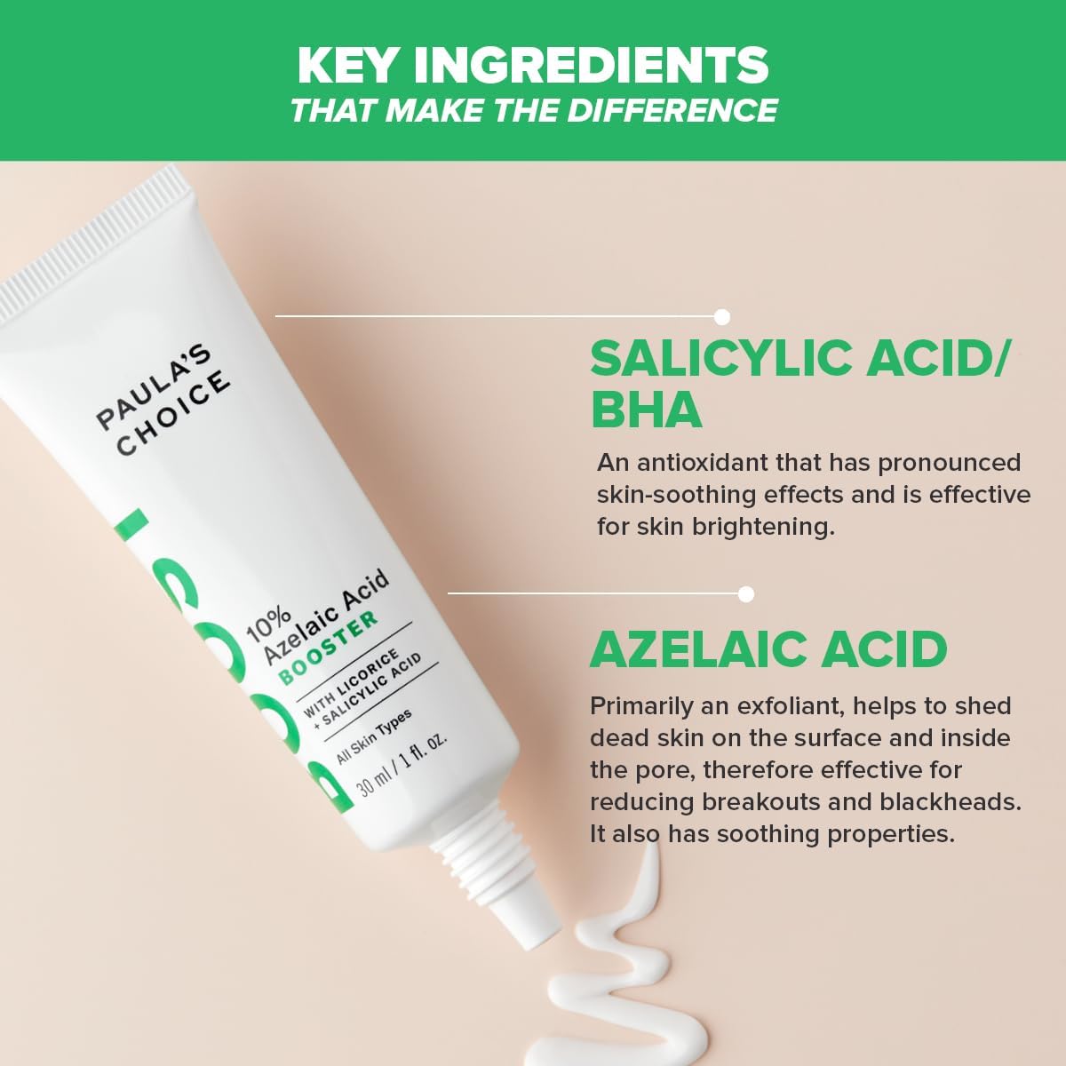 SKINZA Paula's Choice 10% Azelaic Acid Booster bottle with pump dispenser and clear label on white background