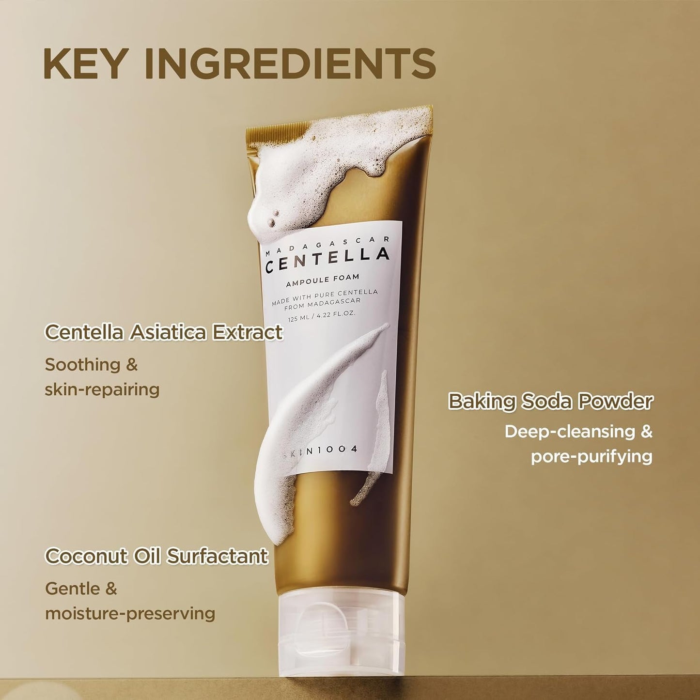 SKINZA Skin1004 Madagascar Centella Ampoule Foam in 125ml bottle, showcasing its gentle, hydrating skincare formula in the pump dispenser.