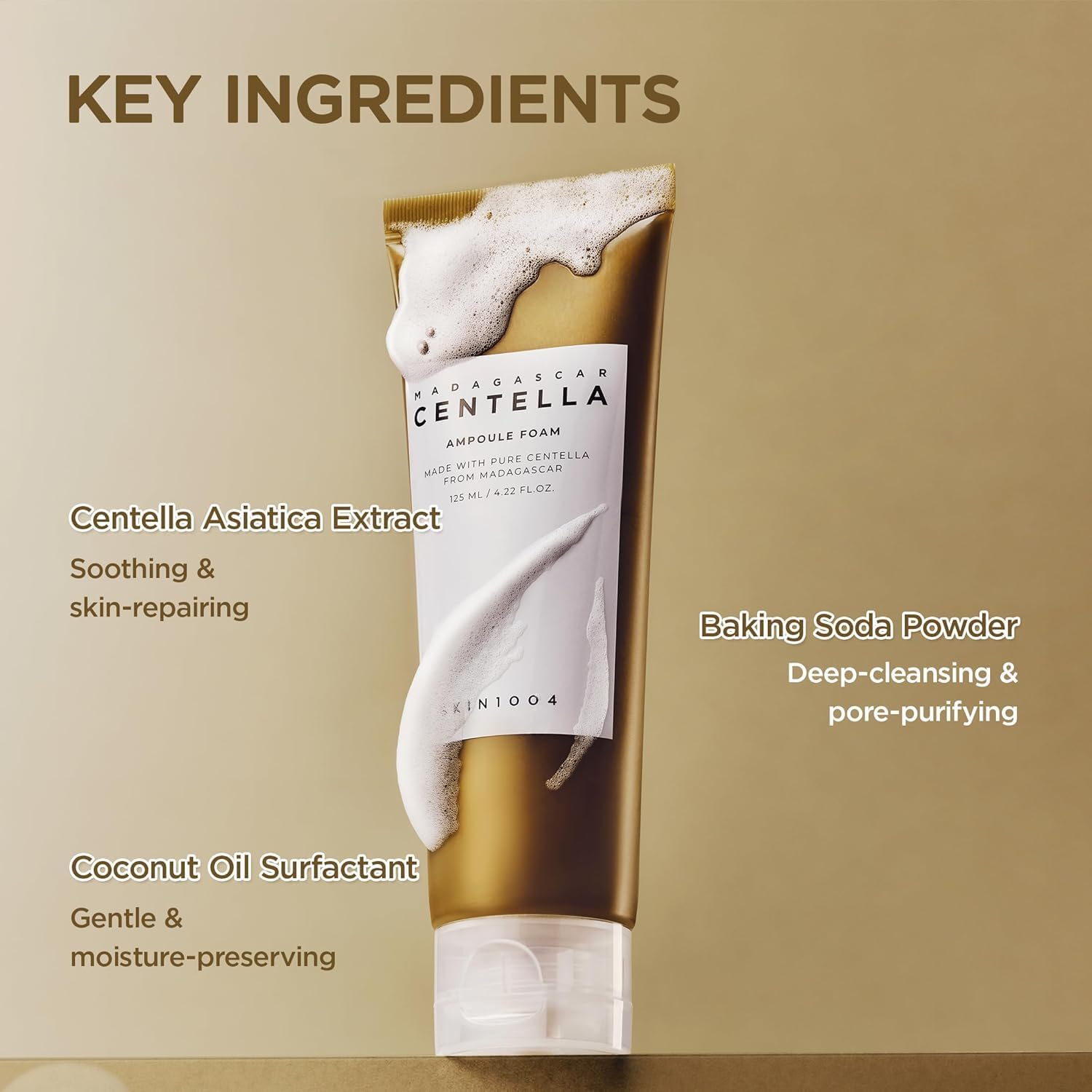 SKINZA Skin1004 Madagascar Centella Ampoule Foam in 125ml bottle, showcasing its gentle, hydrating skincare formula in the pump dispenser.