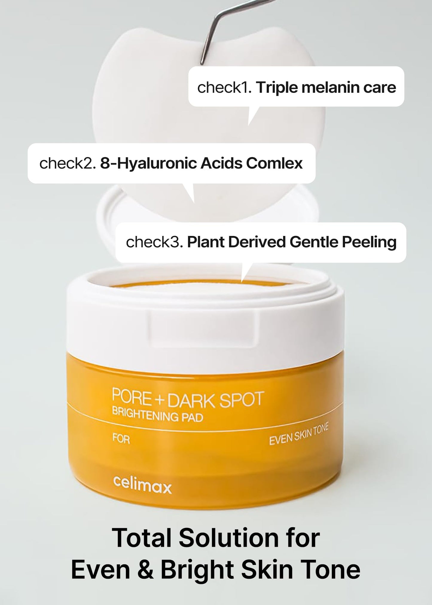 Celimax Ji.Woo.Gae exfoliating face pads for pore and dark spot treatment, shown with textured surface and packaging.